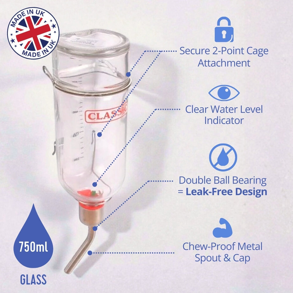 Classic Glass Drinking Bottle 750ml (Large) – Water Bottle for Rabbits, Guinea Pigs & Other Small Pets