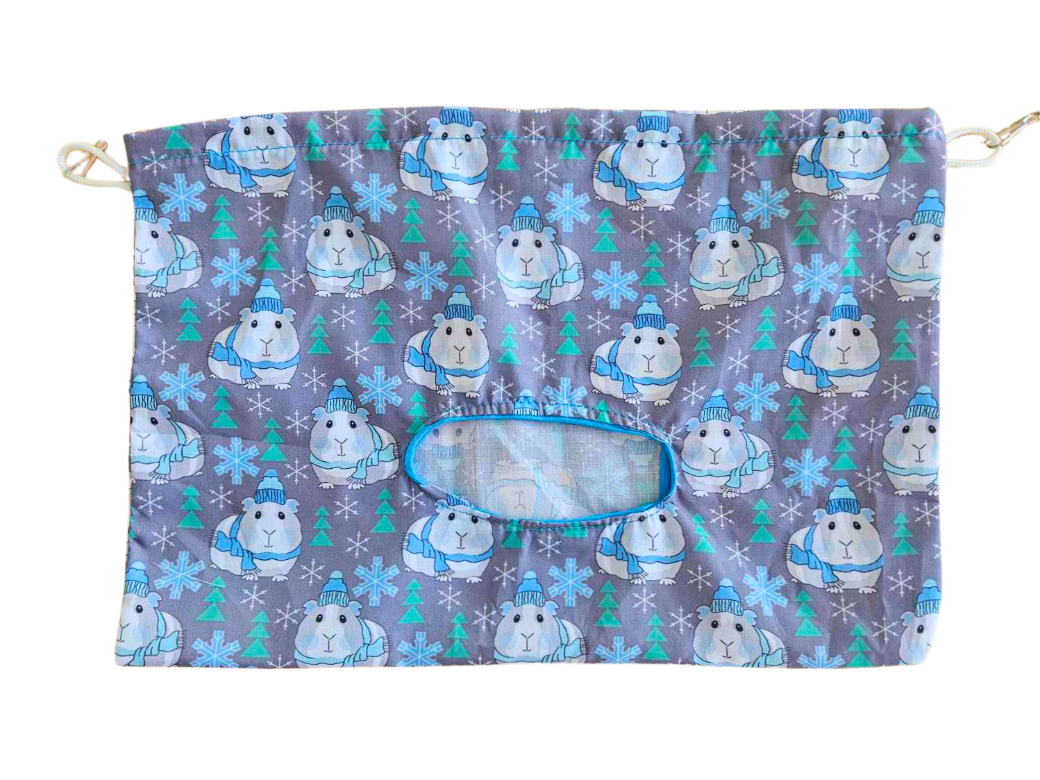 hay bag with blue winter guinea pig design